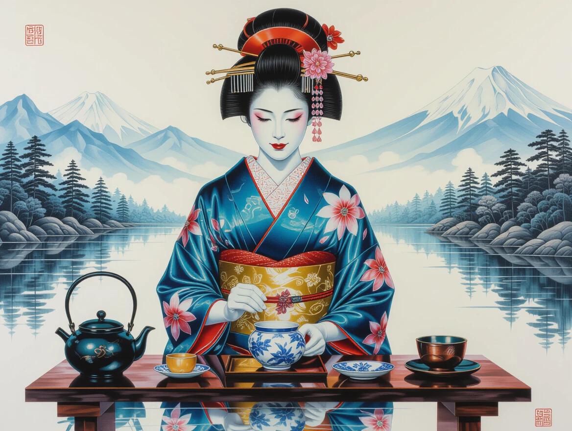 A Japanese geisha conducts a traditional tea ceremony. The artwork features a serene landscape of mountains and trees in the background. The geisha wears an ornate kimono with floral patterns. The scene is executed in meticulous detail with bold and generous strokes, showcasing a cultural moment.