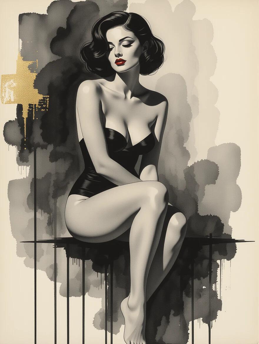Mixed media art of a nude femme fatale. Black and white elegant figure with hints of gold. Ethereal feeling with a minimalist approach. Ink wash style on weathered parchment. Creates a sense of shyness and allure.