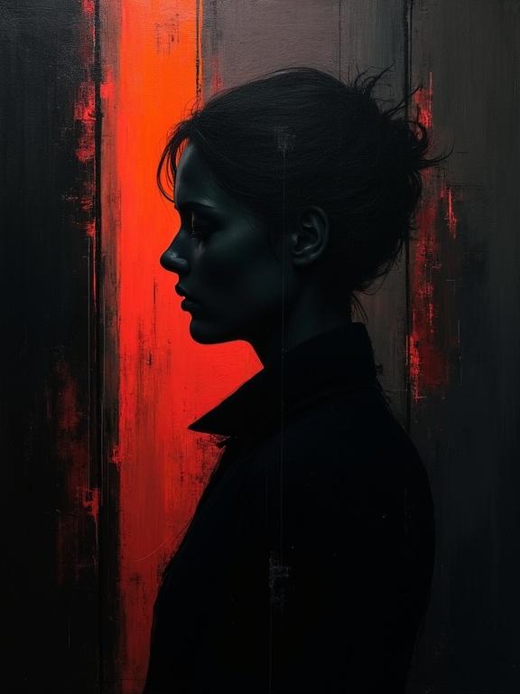 Digital oil painting showcasing a silhouette against a black background. Features bold red strokes with harsh paint techniques. Artistic elements hint at cubism and an unfinished feel. Combines flat colors for a minimalist design, emphasizing shifts in color. Shadows integrate into cubist shapes resembling film strips.