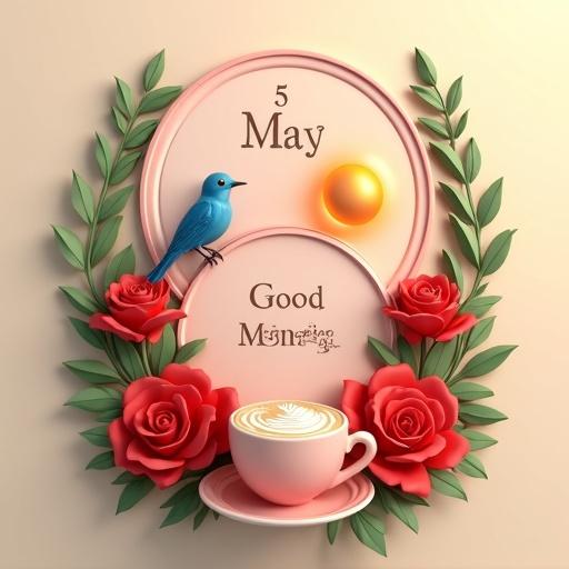 Illustration of three circular floral plaques. First plaque reads '5 May,' second plaque states 'Happy Monday,' third plaque says 'Good Morning.' Surrounding the plaques are red roses and green leaves. A blue and orange bird is perched nearby. A glowing sun is depicted. A latte in a pink cup with 'Coffee For You' is included. Background is a soft beige, conveying an elegant morning vibe.