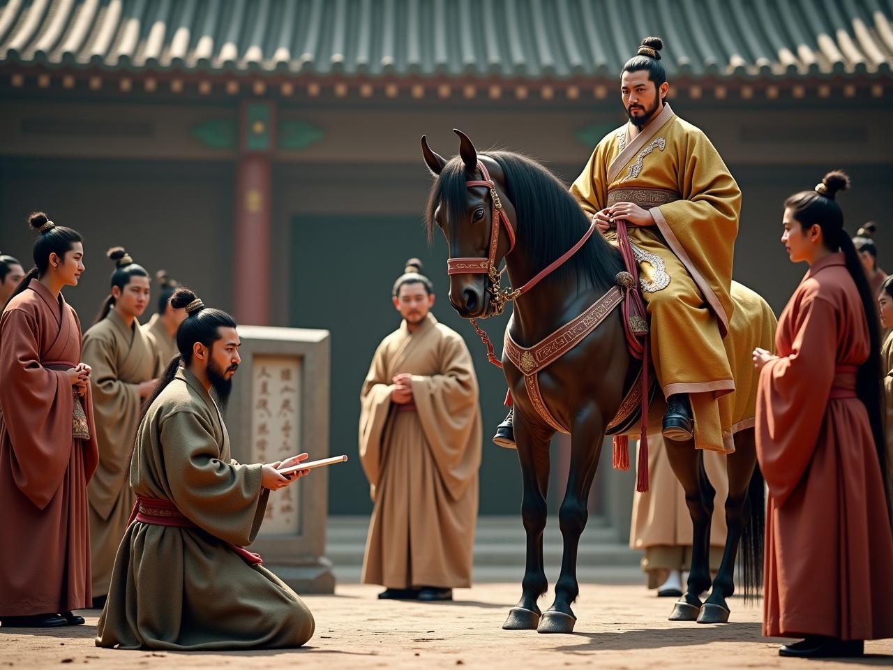 Generate a hyper-realistic photo capturing a pivotal moment in ancient Chinese history. On the left, a 35-year-old man kneels, holding a short, slender bamboo board with both hands. His eyes are fixed on the bamboo board with a respectful and solemn expression as he faces a young emperor sitting atop a majestic horse. The kneeling man's humble yet dignified robe in earthy tones complements his neatly groomed scholar’s beard, featuring a pointed goatee and a thin, slightly curved mustache, symbolizing his status and wisdom. Beside him, attendants in muted red and deep brown robes stand respectfully, reflecting their modest status and rugged journey. The emperor exudes authority with sharp features and almond-shaped eyes, adorned in a luxurious golden robe with intricate dragon embroidery, a tall ceremonial crown atop his head. Surrounding him, attendants in vibrant robes maintain a calm demeanor, some sporting trimmed mustaches or short, well-kept beards that convey their higher-ranking status. One attendant holds a square imperial canopy with flowing tassels, enhancing the scene's regal atmosphere. In the center, a stone stele with partially visible inscriptions adds historical depth. The background is set outside a grand palace, with intricate wooden pillars and tiled roofs visible in the distance, and the soft yet dramatic lighting emphasizes the intricate details of the scene.