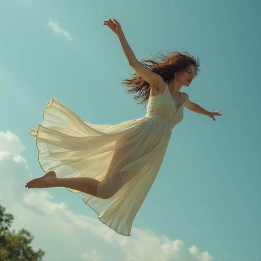A photograph depicts a woman levitating above the ground. She wears a flowing white dress and appears to be enjoying the experience of flight. The background shows a clear blue sky with a hint of greenery below. This captures a sense of freedom and lightness.