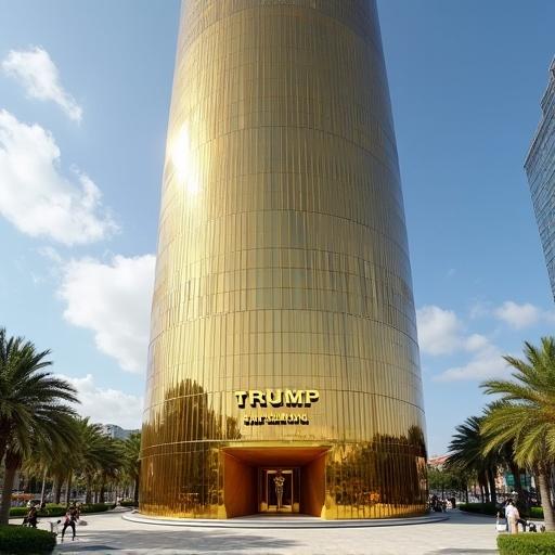 Trump Tower located in Lisbon. Tall golden glass building with golden letters TRUMP above entrance door.