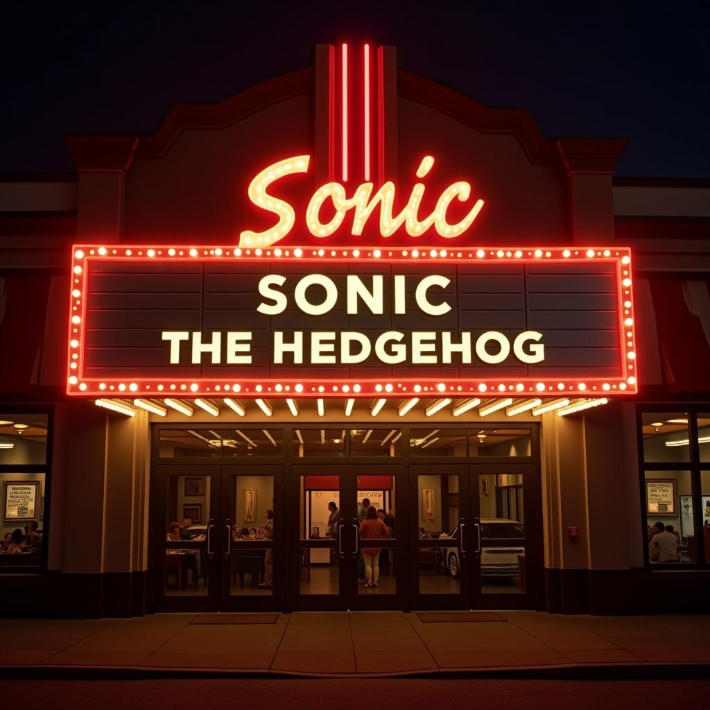 Modern movie marquee sign illuminated with bright lights. Displays 'SONIC THE HEDGEHOG'. Name of establishment elegantly written in cursive. Warm atmosphere ideal for social gatherings. Community hub for entertainment. Background for a video with glass windows.