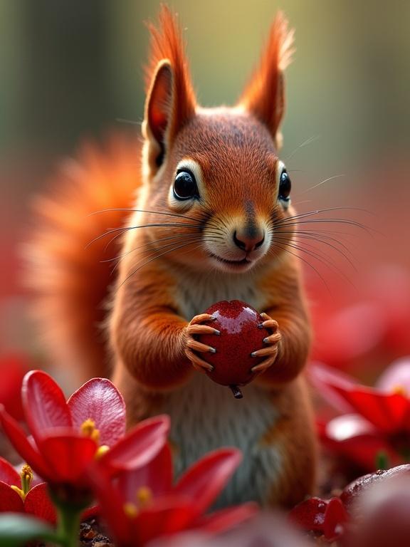 Ultra-realistic photo of a squirrel made from red lilies. Squirrel holds a shiny red object. Detailed textures are visible. Bright colors give a vivid look. Focus is sharp with natural lighting.