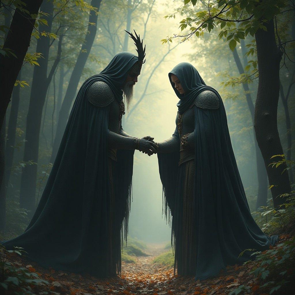 Two figures in cloaks hold hands in a misty forest. The atmosphere is serene and magical. Trees surround them, creating a secluded space. Both figures display a calm demeanor indicating a bond.