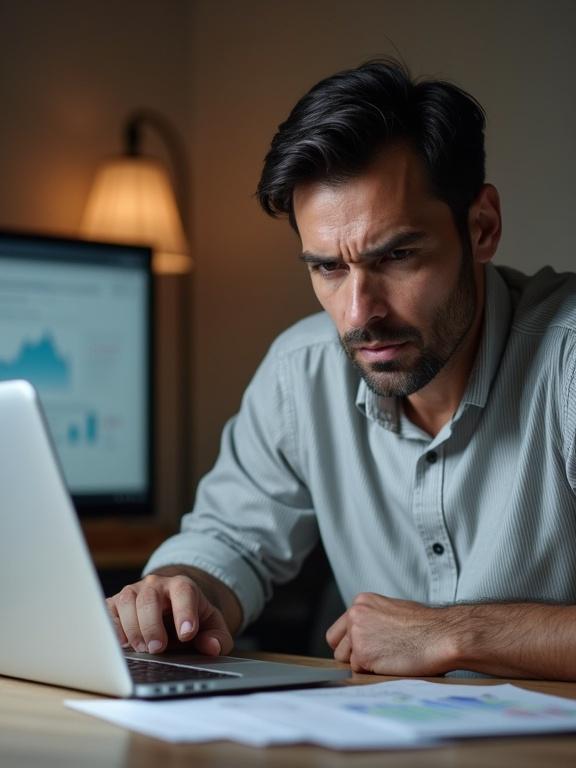 A man sits at a wooden desk. He looks at a laptop screen and a document. He wears a light gray striped shirt. His expression shows concern. Dark hair is neatly combed with a short trimmed beard. Soft warm light illuminates the home office. The scene feels intense yet anxious. The colors are mostly neutral shades of gray and brown.