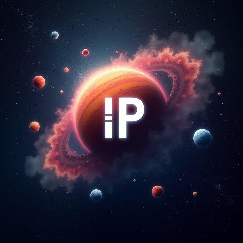 A primary vibrant planet with 'I' and 'P' in center. Surrounding it, six additional planets in random orbits. Vibrant smokey gases in hex color ff5d23 simulate a small constellation. All planets spinning at different speeds.