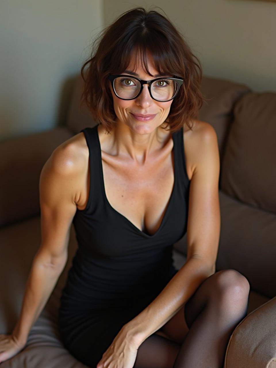 A woman with a chic bob haircut and stylish glasses sits comfortably on a modern grey couch. She wears a light grey dress, projecting a blend of elegance and intellect. The setting is a well-lit living room with a contemporary, minimalist design.