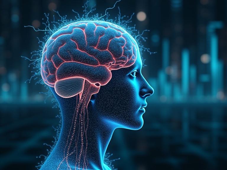 Visual representation of a human brain with glowing neural pathways. A side profile of a human figure is featured against a dark background. The brain shows intricate connections and vibrant colors.