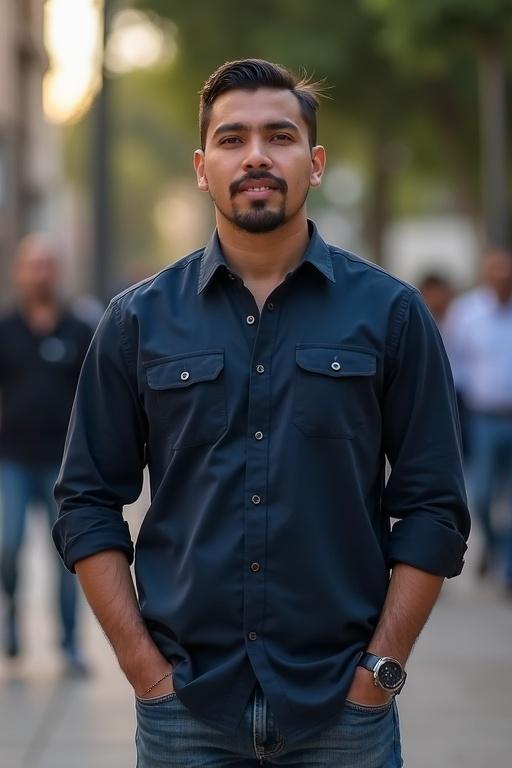Photo of a young man with a small mustache and goatee. He wears a dark blue shirt and jeans. Background is slightly blurred. Soft natural lighting highlights him.