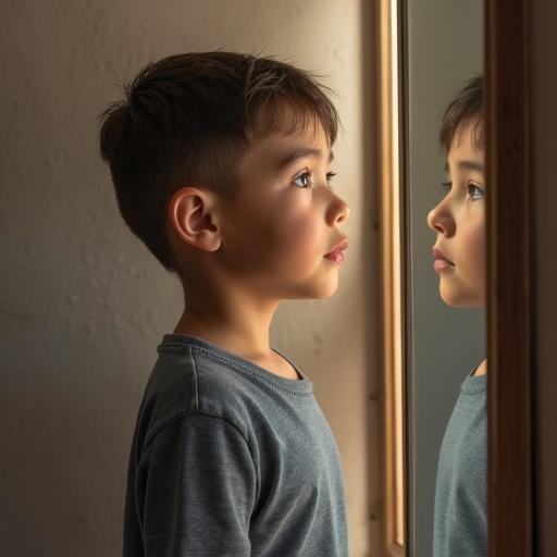 Image of a boy standing in front of a mirror. The boy has short hair and looks thoughtfully at his reflection. Soft lighting enhances the scene's warmth.