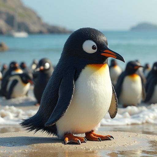 A pirate penguin in full gear wields a scimitar angrily by the beach facing a mob of cut-throat little pirate penguins in gear in the background.