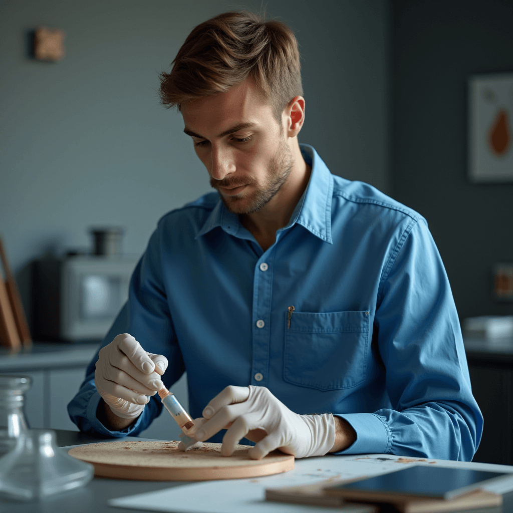 A man wearing a blue shirt and gloves is carefully examining a piece of wood in a laboratory.