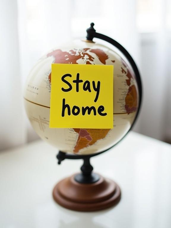 Photograph showcases a globe on a black metal stand resting on a wooden base. A yellow sticky note is placed on the globe displaying the phrase 'Stay home' in black ink. The globe depicts North America with warm brown and white colors. Soft natural light filters through a white curtain, creating a bright and inviting atmosphere. The composition is minimalistic, highlighting the globe and note with soft shadows and slight depth of field. The setting is casual and homey, with an everyday inspirational message.