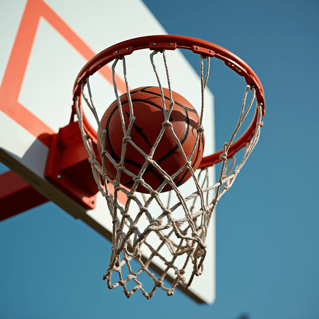 A basketball caught in the net of an outdoor hoop against a clear blue sky, as seen from below.