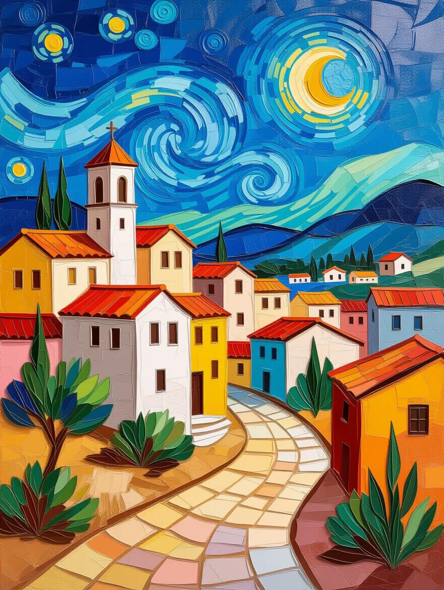 Iridescent ceramic tile and glass mosaic art. Abstract representation of a colorful village at night. Thick brushstrokes form buildings and landscape elements. Impressive 3D texture.