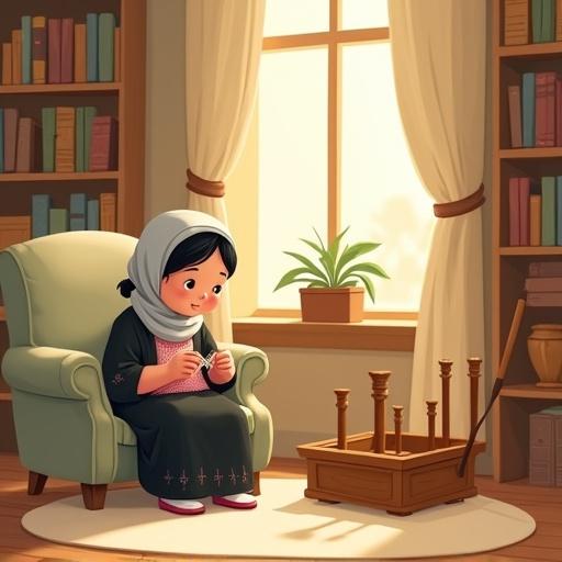Soft flat-style cartoon illustration of a cozy grandmother's room with bookshelves. Warm sunlight enters through the window. Grandmother crochets in an olive green armchair. Faceless girl inspects a wooden box. The room has a round off-white rug and a small plant on the sill.