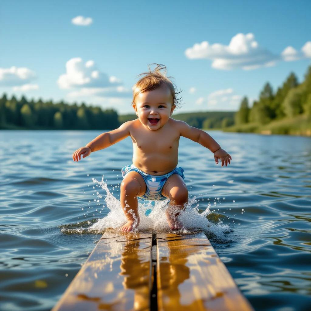 Image of a baby jumping from a wooden plank into water in a sunny environment. Natural setting with blue sky and green trees. Emphasis on joy and carefree playfulness of childhood.