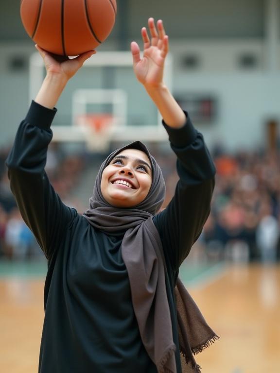 Indonesian girl in hijab wearing sports attire is executing a layup in basketball inside a gym.