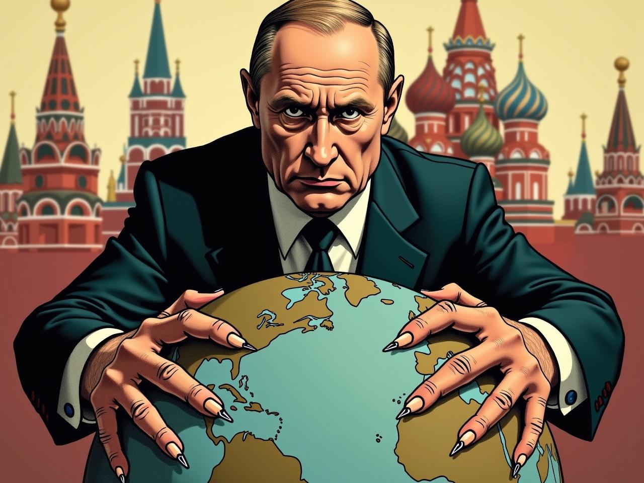 The image features a stylized illustration of a man with a serious expression, dressed in a suit, leaning over a globe. His hands are gripping the globe tightly, and his long fingernails are prominently displayed, adding to an ominous appearance. Behind him, there are iconic Russian architectural elements, reminiscent of historical landmarks like the Kremlin. The color palette includes earth tones for the globe and muted colors for the background, creating a dramatic effect. The man's expression suggests determination or a desire for control, making the scene impactful and thought-provoking.