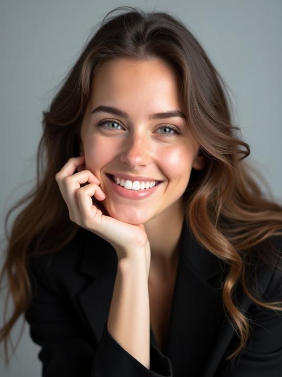 Portrait of a young woman smiling brightly. She has long flowing hair and wears a stylish black blazer. The background is soft gray. One hand cradles her chin in a relaxed pose. The image conveys positivity and approachability.