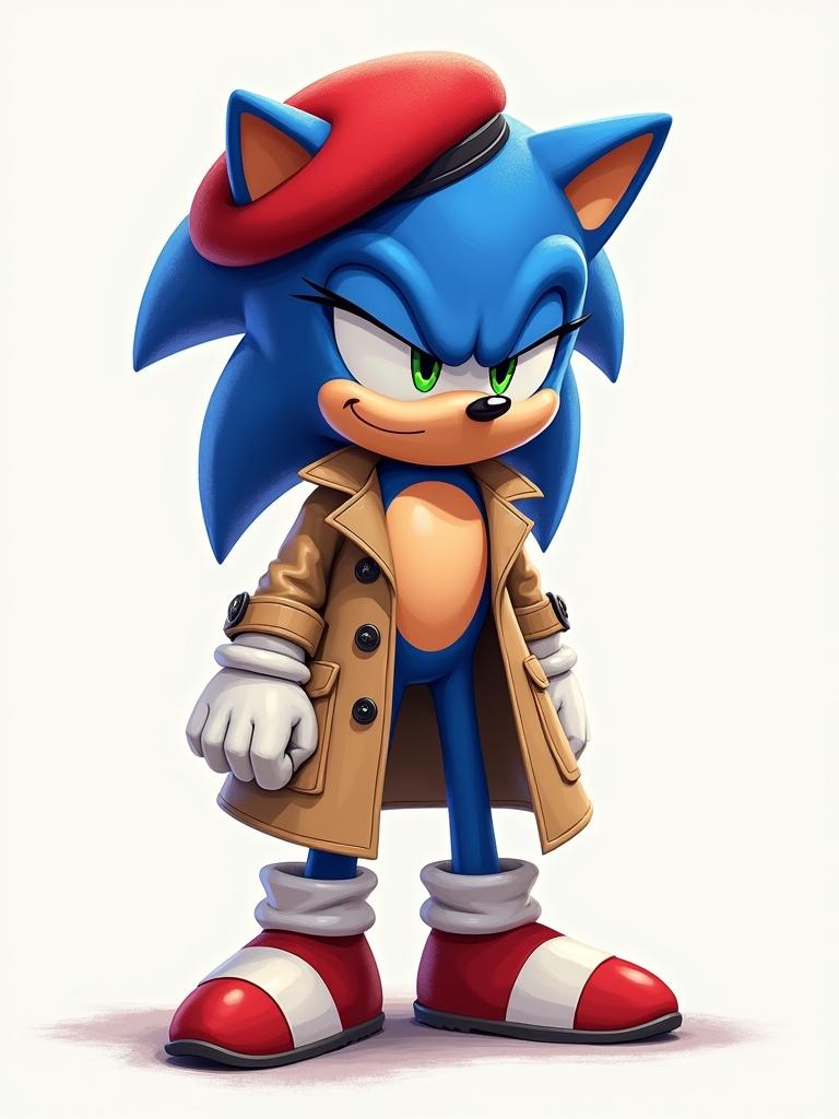 Sonic poses confidently wearing a beret and a trenchcoat. The background is blank. The stance is composed and casual. The character features a smirk, showcasing attitude.