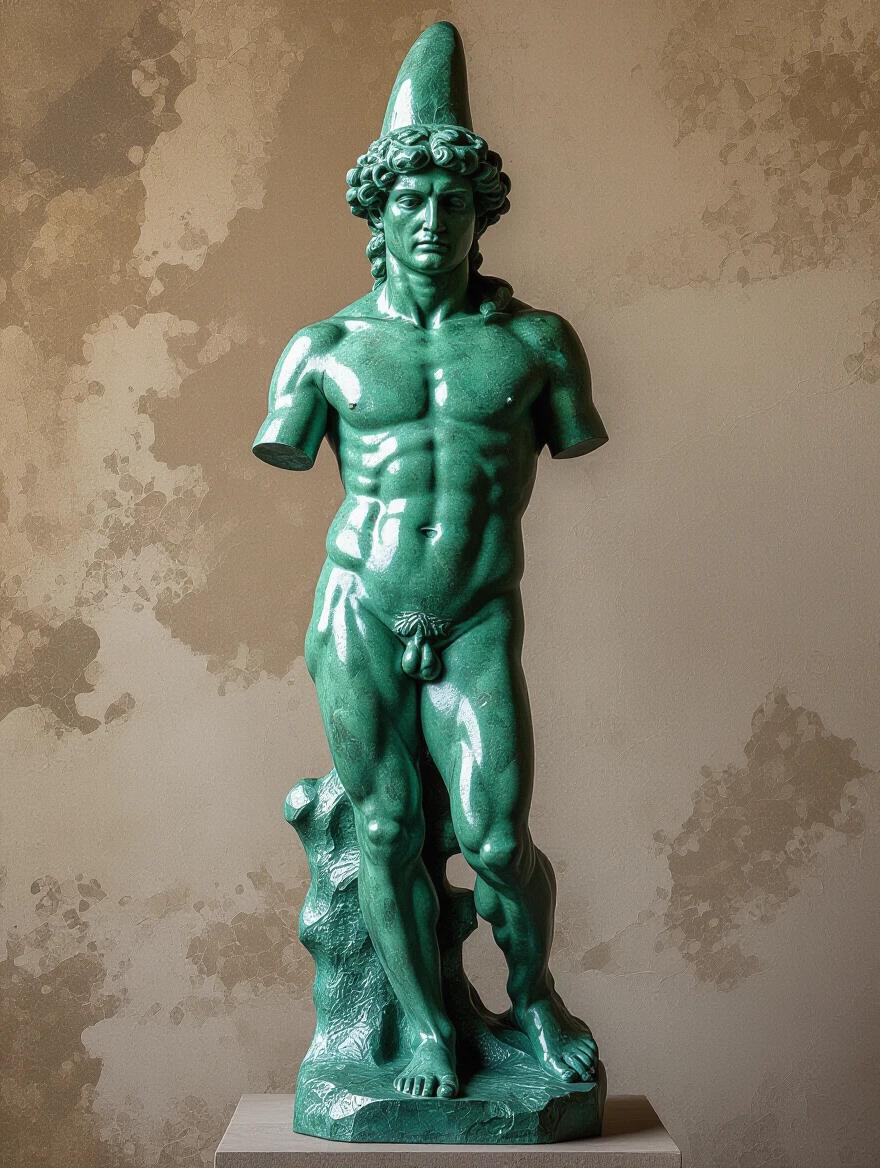 A green sculpture stands alone. Sculpture features a muscular figure in a relaxed pose. The artwork embodies evolution through art. The figure is intricately detailed and textured. The background has a neutral tone with subtle textures.