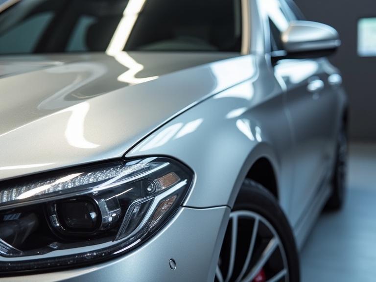 Close-up of a silver metallic car surface showcasing a glossy finish. Image features sleek curves and a high-quality paint application made by a spray gun.