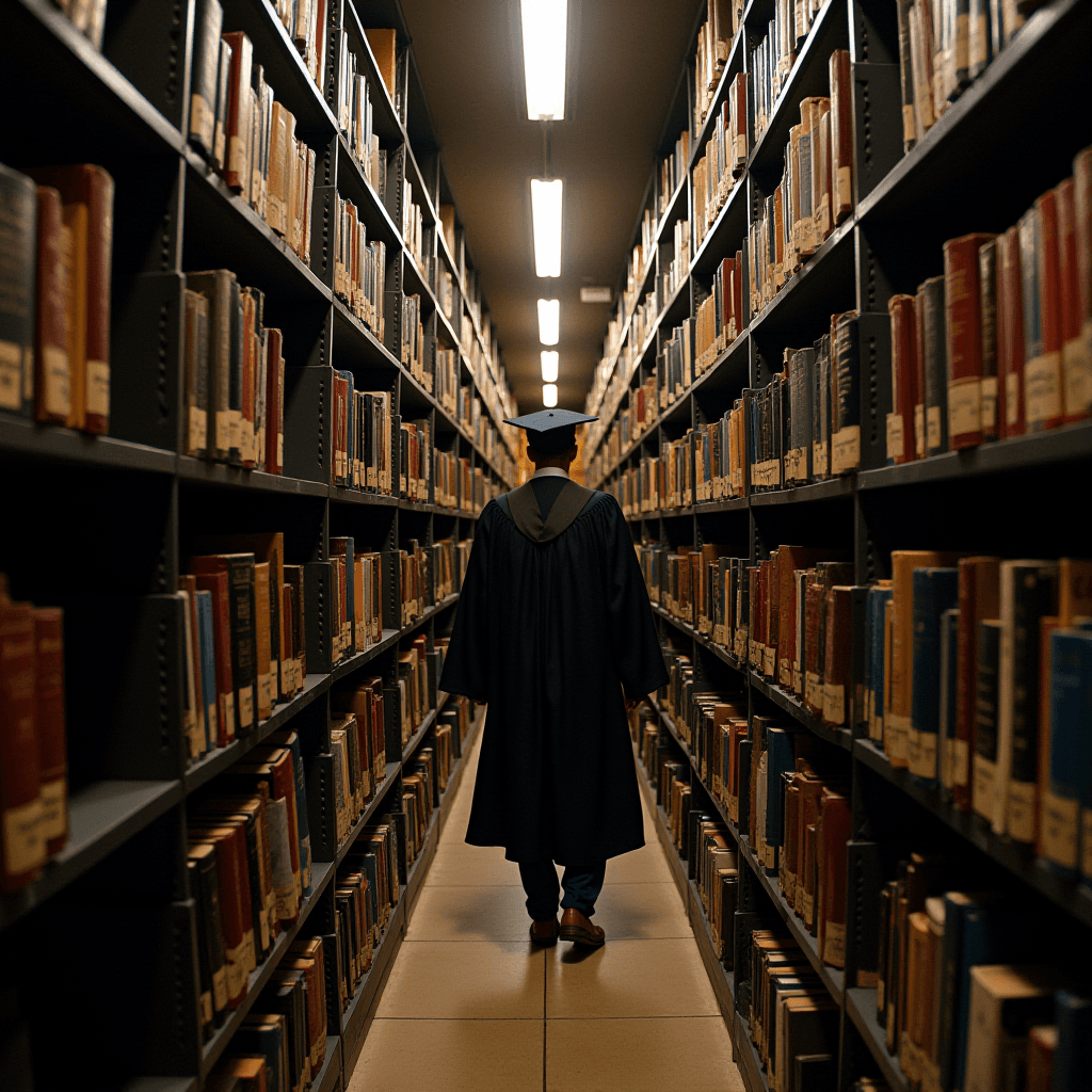 A person in graduation attire walks through a library aisle filled with books.