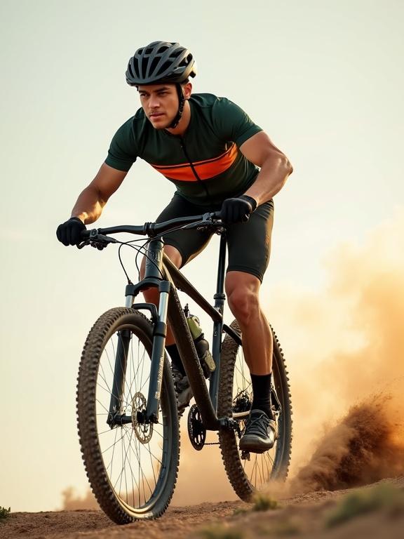 Young male cyclist rides mountain bike. Captured from low side angle leaning into a turn. Kicking up dust. Wearing dark green orange cycling jersey and black shorts. Black gloves and helmet. Thick knobby tires and rugged frame. Warm lighting highlights focused expression and muscular legs. Clean background. Emphasizes speed motion action. Professional sports photography style.