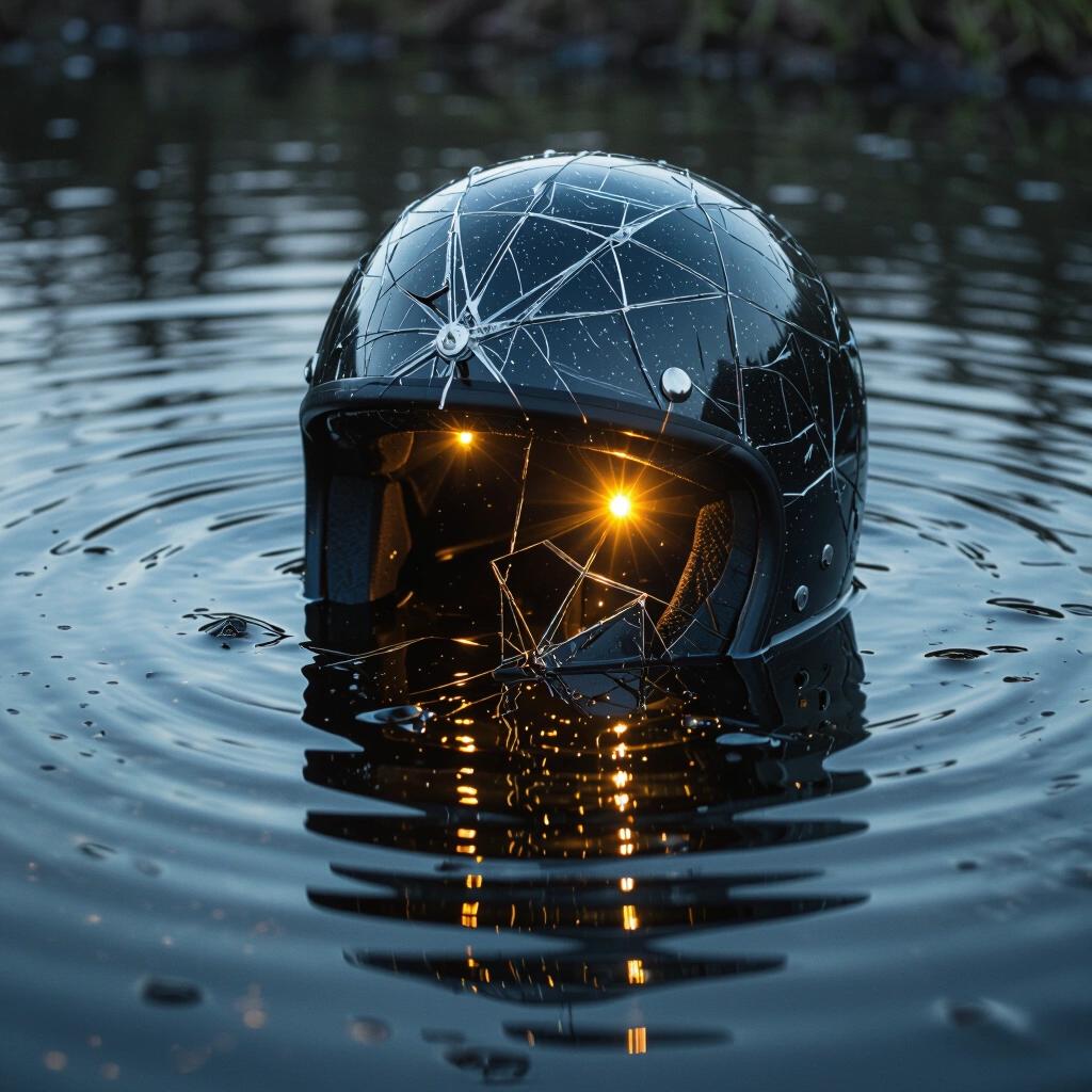 A broken black helmet floats in dark oil water. LED lights blink from inside the helmet. The ripples around the helmet appear frozen in mid-motion. The composition combines elements of technology and vulnerability. The dark surface contrasts sharply with the glowing lights.