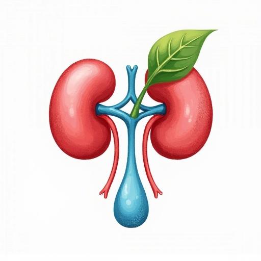 Illustration of kidneys with a green leaf and a water drop. Focus on health and wellness. Bright colors enhance visual appeal.