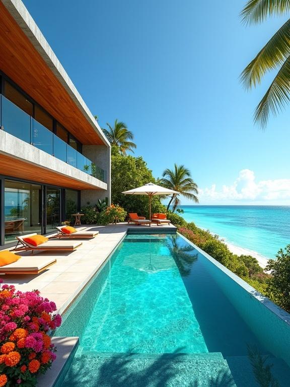 A luxurious tropical beachfront villa includes an infinity pool with crystal-clear water. Pool has an infinity edge blending into the ocean. The villa features modern architecture with large glass walls and warm wood accents. Furniture includes sun loungers with bright orange pillows. Surrounded by lush tropical greenery and flowering plants. The aesthetic is elegant and serene with a bright blue sky and calm ocean waves.