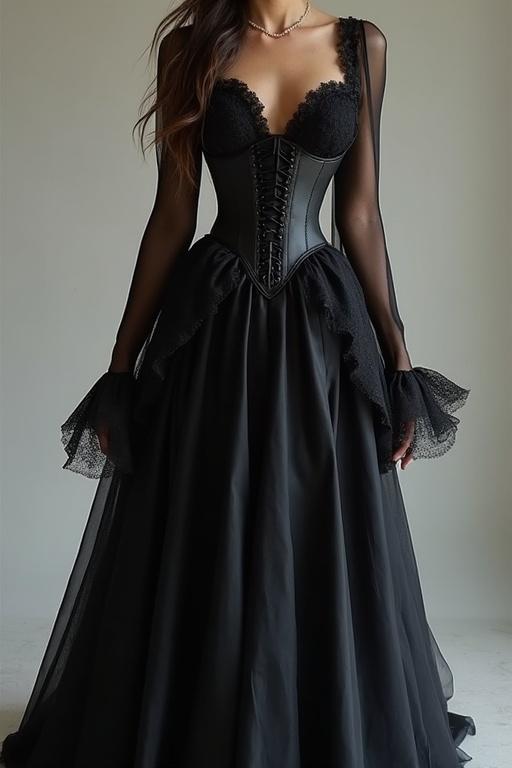 Ideas for making a witch dress with long sleeves corset and ruffled skirt