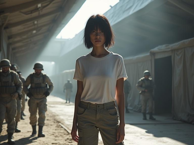 Photo of a female character with short dark hair wearing a white t-shirt and light grey army fatigue pants standing confidently in a wide grey tent. Soldiers walk in the background, creating a sense of action. Sunlight streams in, casting shadows and adding dramatic details to the scene.