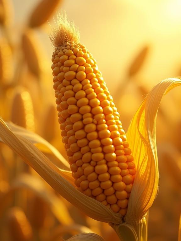Anthropomorphic corn with a golden hue is depicted in a cel-shaded painterly anime style. The composition features a beautifully detailed ear of corn with warm backlighting illuminating its textures. The soft front fill and shallow depth of field add to the hyper-realistic quality. The image captures the essence of a sunny corn field in ultra high detail. Volumetric lighting enhances the overall cinematic feel of the piece.
