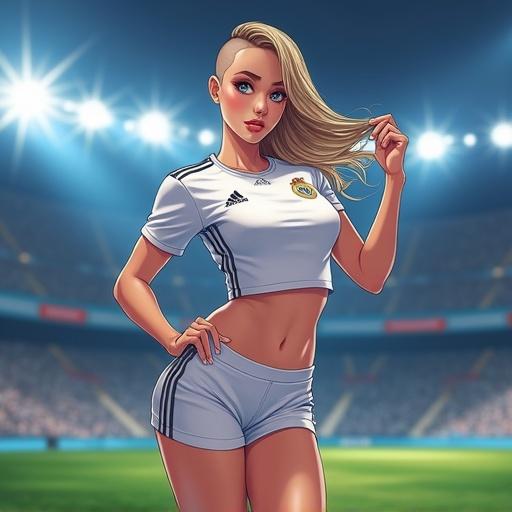 Digital anime illustration of a woman in a cropped Real Madrid jersey and tight shorts. She is on a soccer field striking a pose with her hand on her hip and the other in her hair. The stadium and floodlights add atmosphere.