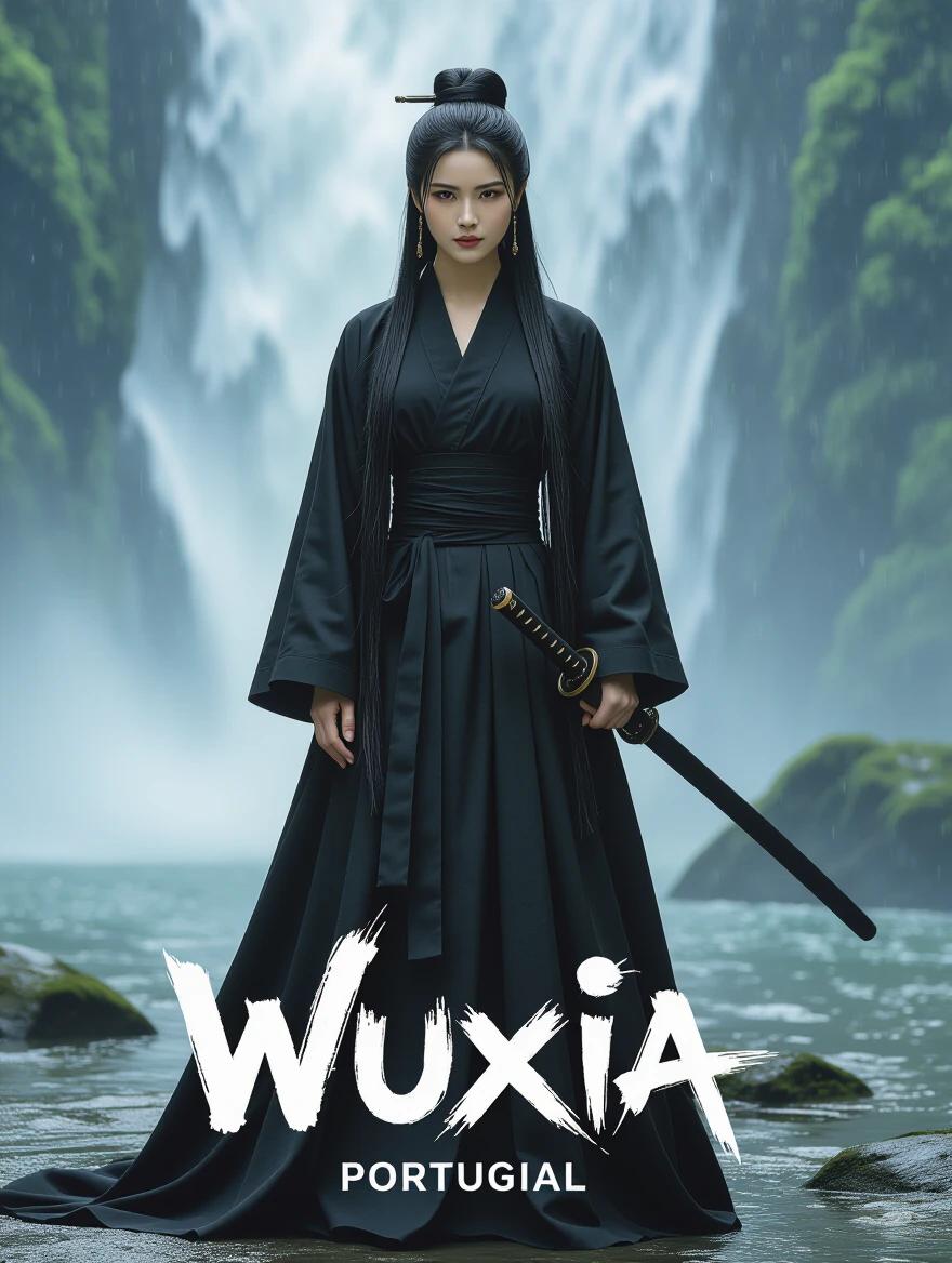 Woman in black clothing with long hair poses with a sword in front of a waterfall. Image relates to Wuxia culture. Aesthetic reminiscent of action movies from the 1980s.