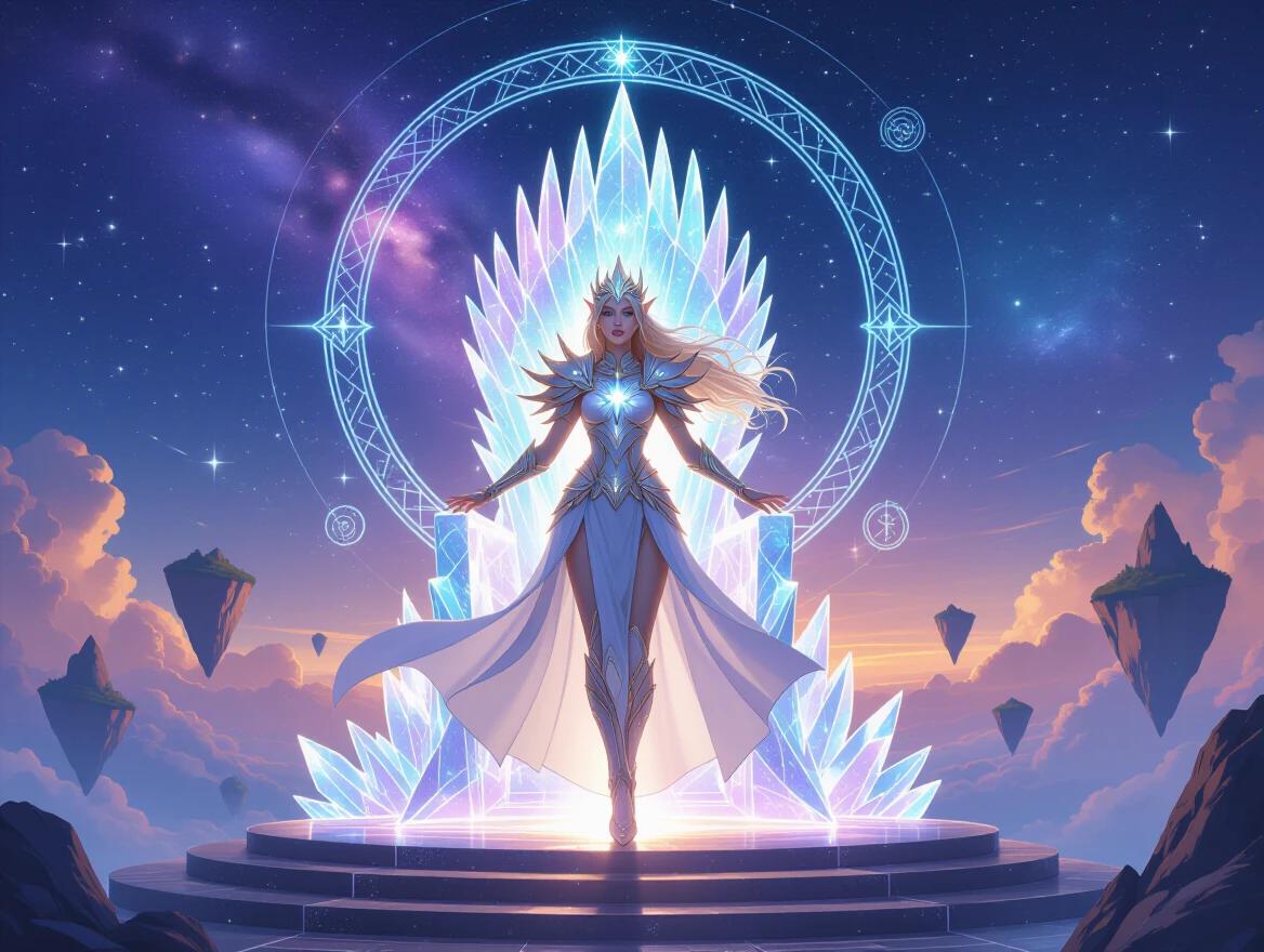 Elven queen levitating above a glowing throne of celestial crystal. She wears radiant star-forged armor and has flowing hair illuminated by astral light. Floating sigils and magic circles surround her. A galaxy sky with nebulae and constellations serves as the backdrop. Light beams pour from the heavens. Shimmering wings of starlight enhance her divine aura. The scene captures a high fantasy celestial realm.