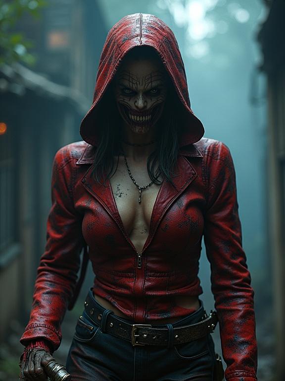 A detailed character wearing a red leather jacket. Menacing expression and a striking presence in a dark, misty environment. Set against a backdrop of gothic architecture. Fantasy concept art with intricate details and deep color shades. Perfect for horror-themed art.