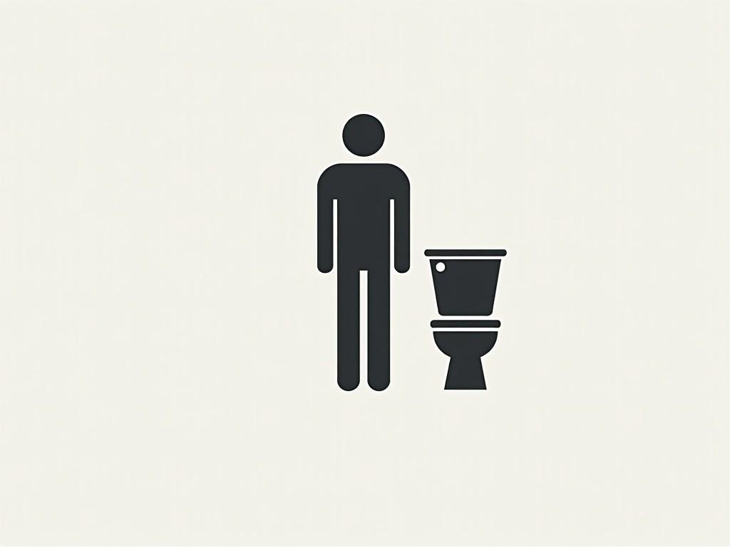 The image features a simple graphic design showing a stick figure man next to a toilet. The focus is on the relationship between the figure and the toilet, indicating a restroom setting. The background is light-colored, allowing the black icon to stand out clearly. This representation is minimalist and communicates the concept of using a restroom. Ideal for signage or educational contexts related to hygiene and facilities.