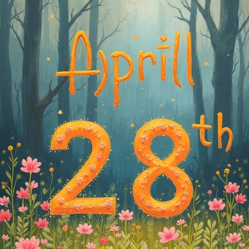 Date of April 28th displayed with floral elements and a forest background