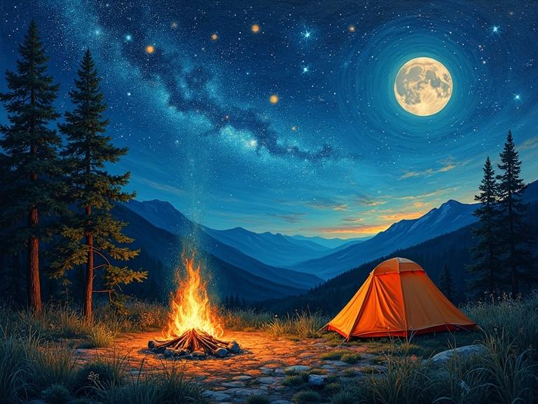 Camping scene in wild nature with a starry night sky. Oil painting style with neon elements. Bright full moon and milky way. Fire camp with dancing flames. Illuminated camping tents in a natural environment.
