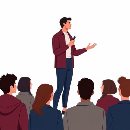 Androgynous adult stands in front of an audience. Confidently makes a speech. Arm gestures to the side. Audience is mixed gender and ethnicity. Clothing in rich maroons navy blues and pale greys. Background is transparent.
