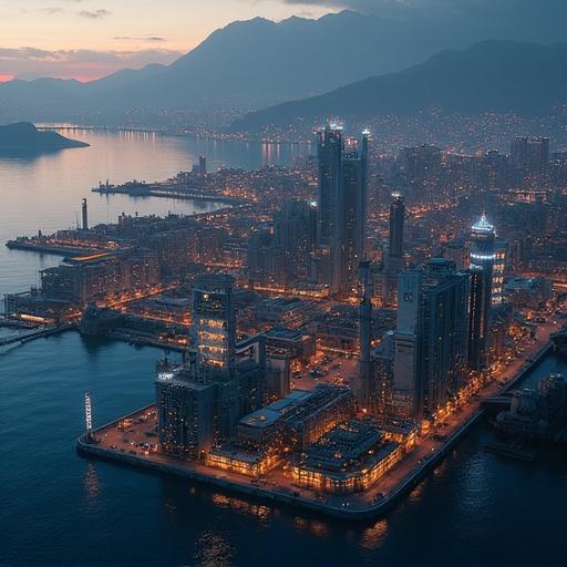 A vibrant urban landscape featuring automated cargo ports illuminated at night. The skyline is dominated by high-tech towers housing AI labs and robotics. Clean industrial factories utilize tidal energy. A coastal view showcasing a bustling metropolis by the water during dusk.