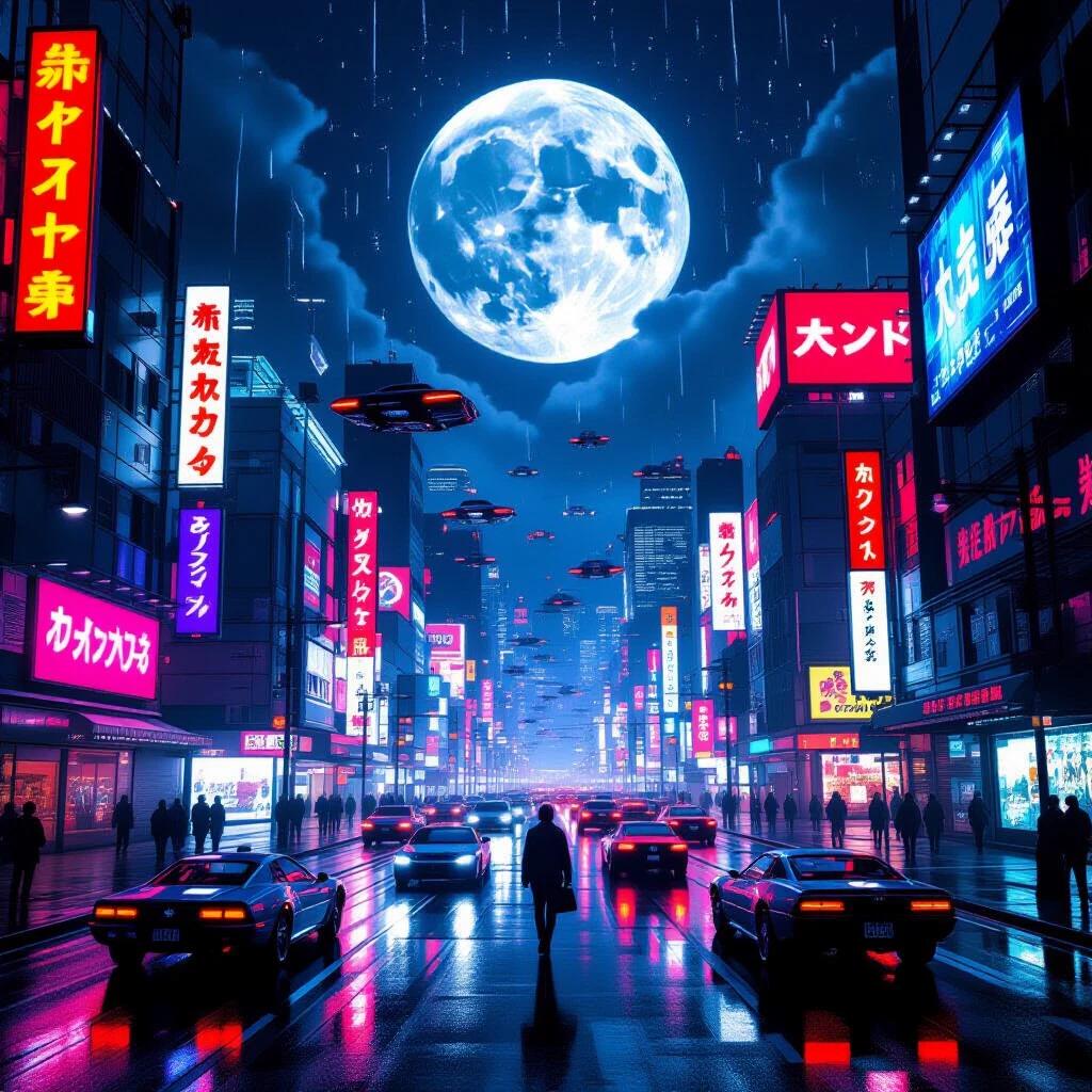 Neon-lit retro-futuristic cityscape at night filled with flying cars glowing billboards in Japanese and English massive digital moon in the sky street wet from rain reflecting vibrant lights pedestrian walking down sidewalk