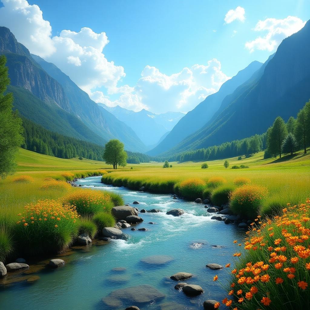 Stunning valley surrounded by mountains. Clear river flows through vibrant wildflowers. Bright sky with fluffy clouds. Lush green grass across the landscape. Inviting tranquility of nature.