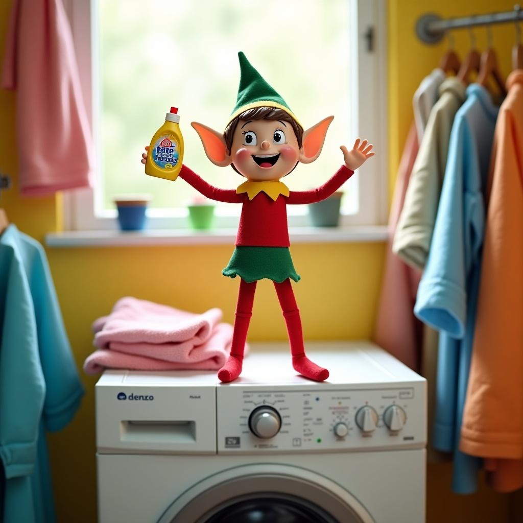 Elf character stands on top of a washing machine holding Deka Detergent. Brightly colored laundry in the background and cheerful ambiance.