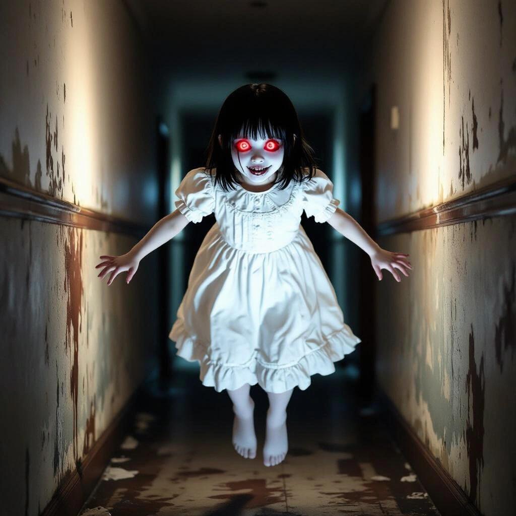 Young ghost girl floats in a dim hallway. She has bright red eyes and a creepy grin. Her feet are off the ground. She reaches out toward the viewer to choke. Wearing a frilly white dress. Stained walls are in the background. Dark lighting creates a horror atmosphere.